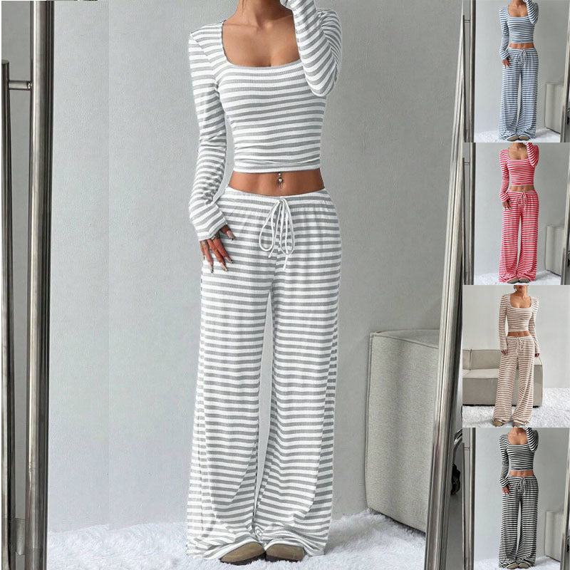 Women's Striped Lounge Two-Piece with Wide Leg and Cropped Long Sleeve Top Mune Fashion