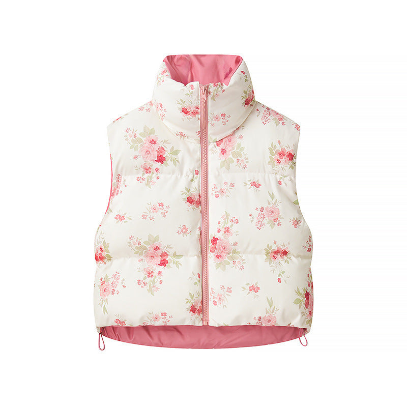 Women's Quilted Short Vest with Stand-Up Collar, Patchwork Bandana Print and Drawstring Mune Fashion