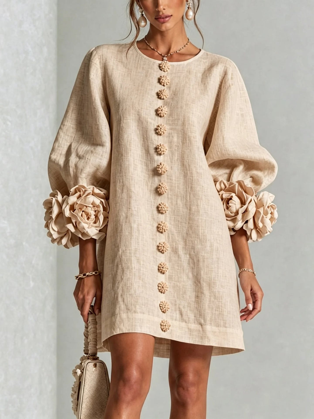 Women’s Short-Cut Linen Dress with 3D Flower Sleeves and Center Button Placket Mune Fashion