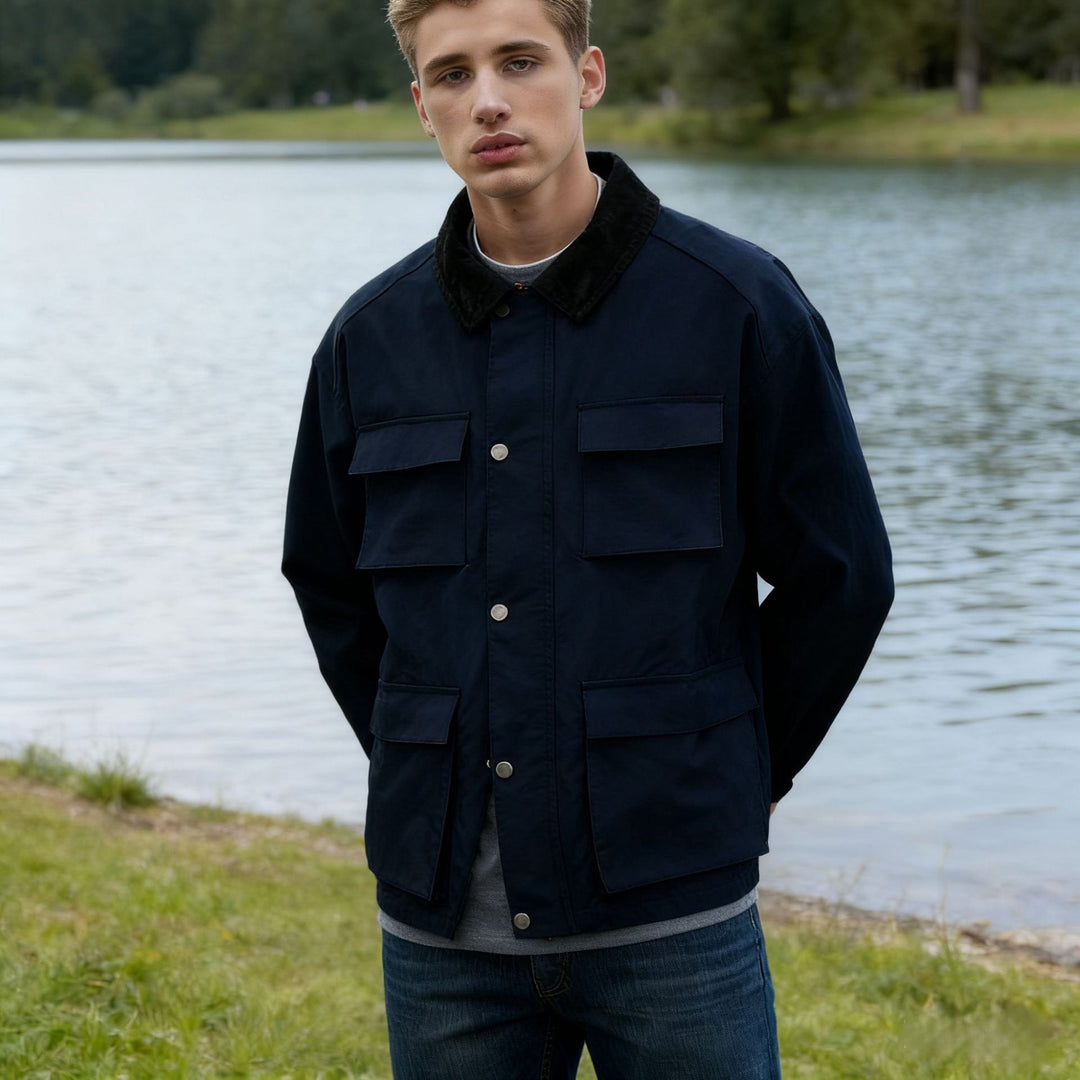 Men's wax jacket in field style with corduroy collar and multiple pockets Mune Fashion