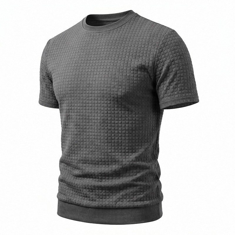 Men's short-sleeved knit shirt with embossed check structure, round neckline, and ribbed hem Mune Fashion