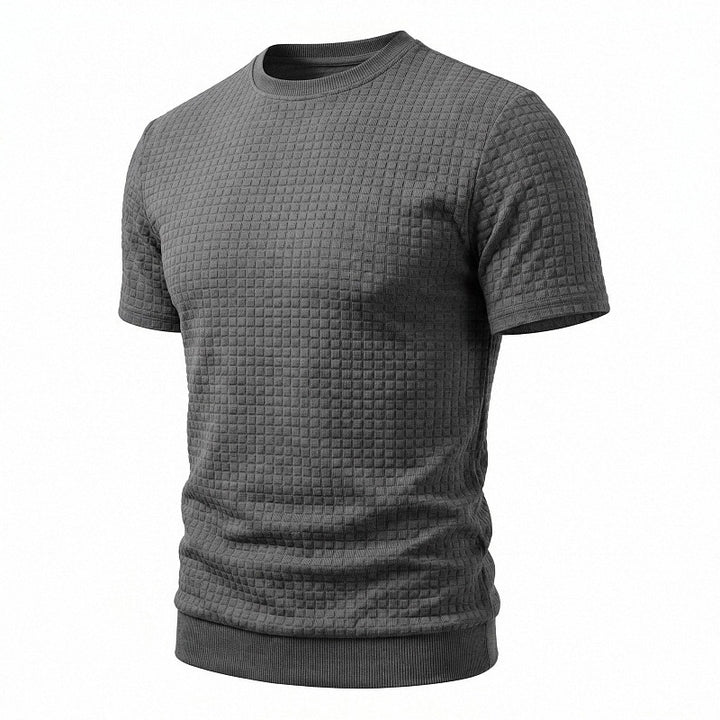 Men's short-sleeved knit shirt with embossed check structure, round neckline, and ribbed hem Mune Fashion