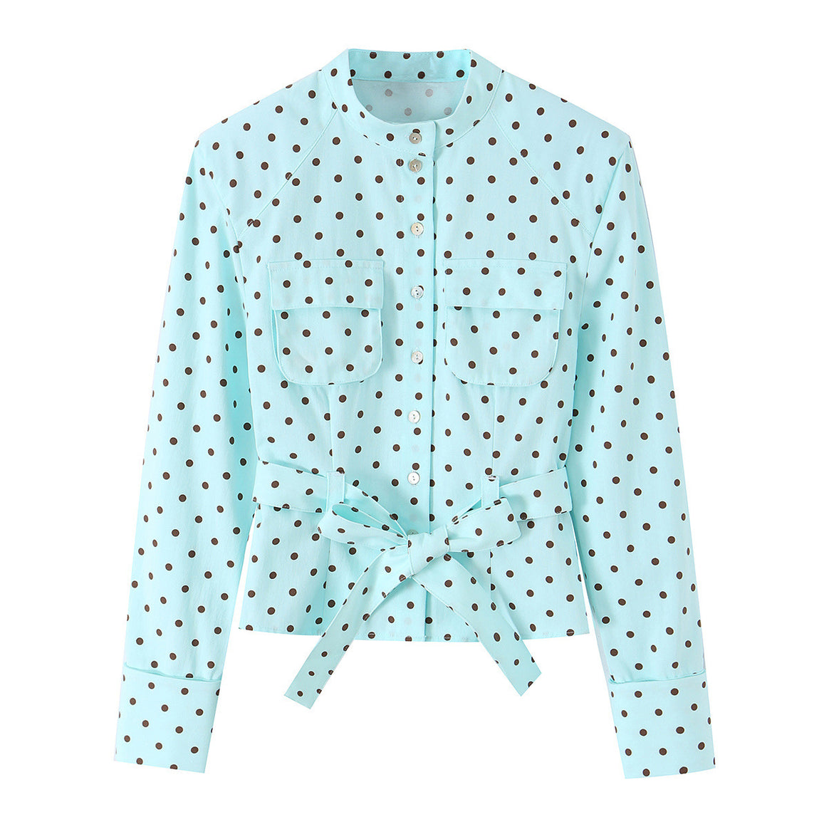 Women's blouse with stand-up collar, waist belt, and chest pockets Mune Fashion