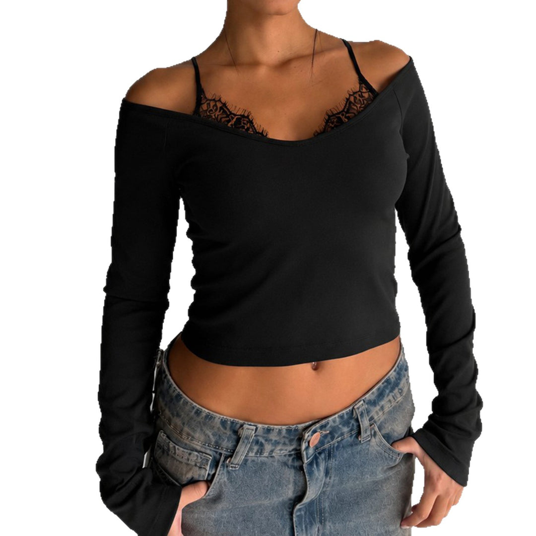 Women Off-Shoulder Long Sleeve Cami with Delicate Lace Lining and Adjustable Spaghetti Straps Mune Fashion