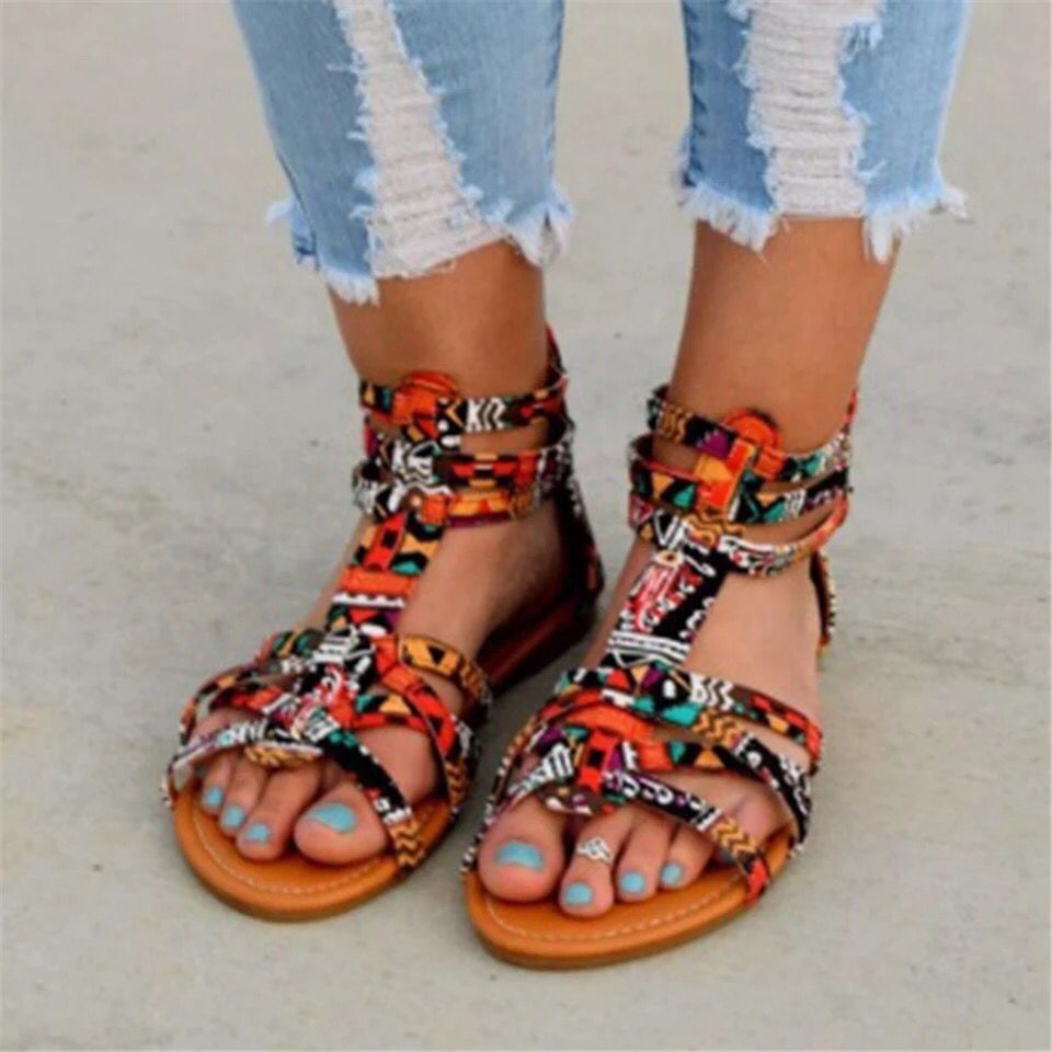 Women's Boho Sandals with Adjustable Ankle Straps and Ethno Print Mune Fashion