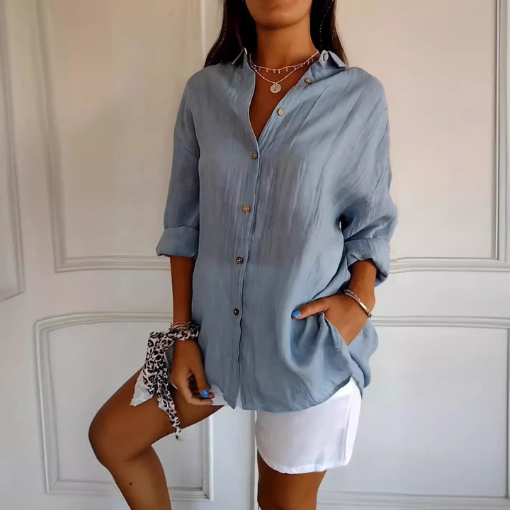 Women's Loose Crinkle Shirt with Pockets and Rolled-Up Sleeves Mune Fashion