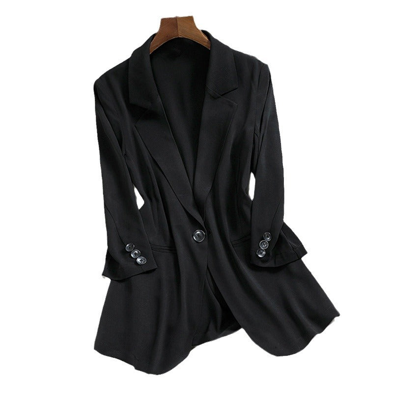 Women Lightweight fitted long blazer with falling hem and piped pockets Mune Fashion