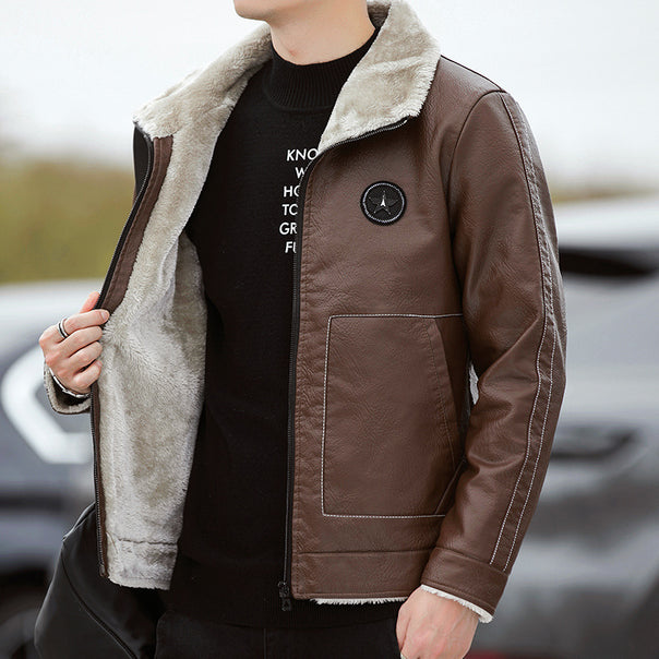 Men's Leather Look Pilot Jacket with Teddy Collar and Decorative Stitching Mune Fashion