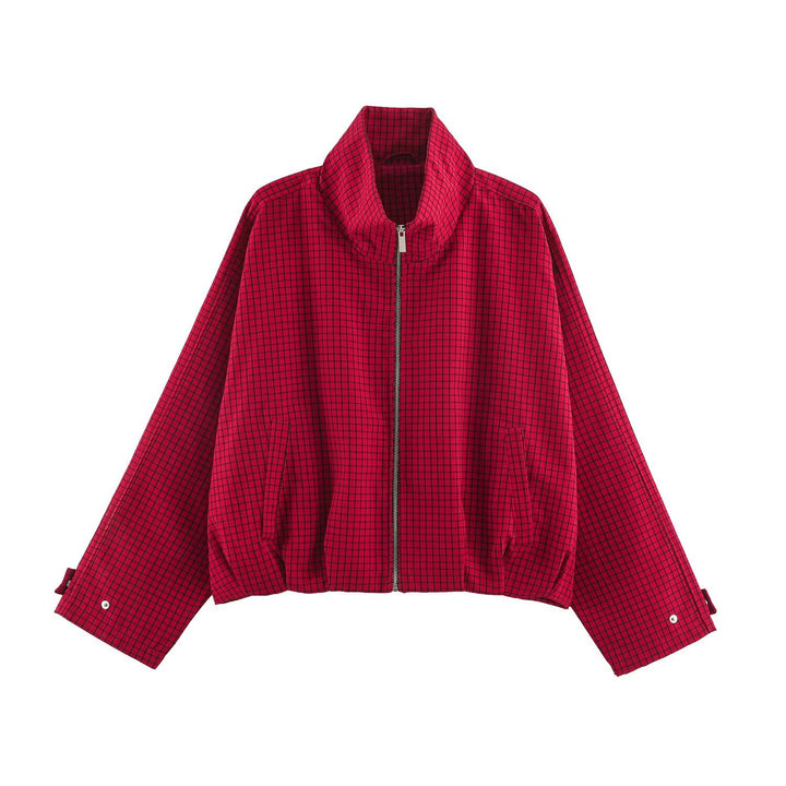 Women Checked Cropped Blouson with High Standing Collar, Loose Fit and Snap Button Cuffs Drune