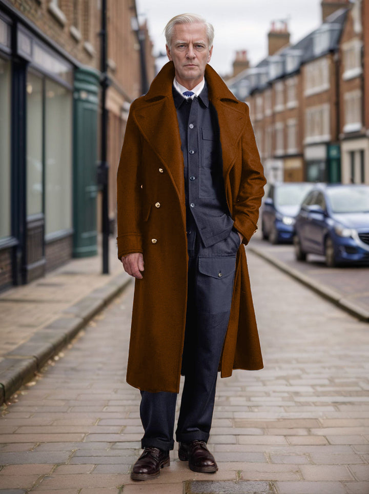 Men's longline coat in military look with wide shawl collar and striking decorative buttons Mune Fashion