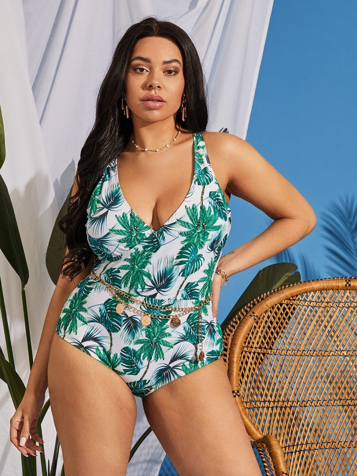 Women's One-Piece Swimsuit with Stylish Palm Print and Seductive V-Neck Mune Fashion