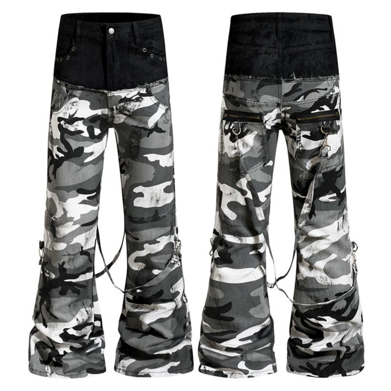 Ladies Wide High-Waist Cargo Pants in Camouflage Look with Bondage Straps Mune Fashion