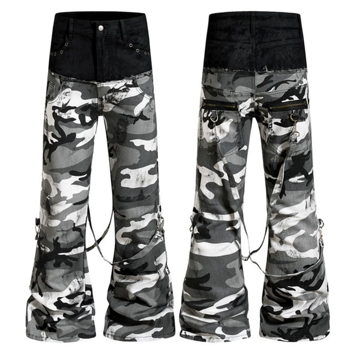 Ladies Wide High-Waist Cargo Pants in Camouflage Look with Bondage Straps Mune Fashion