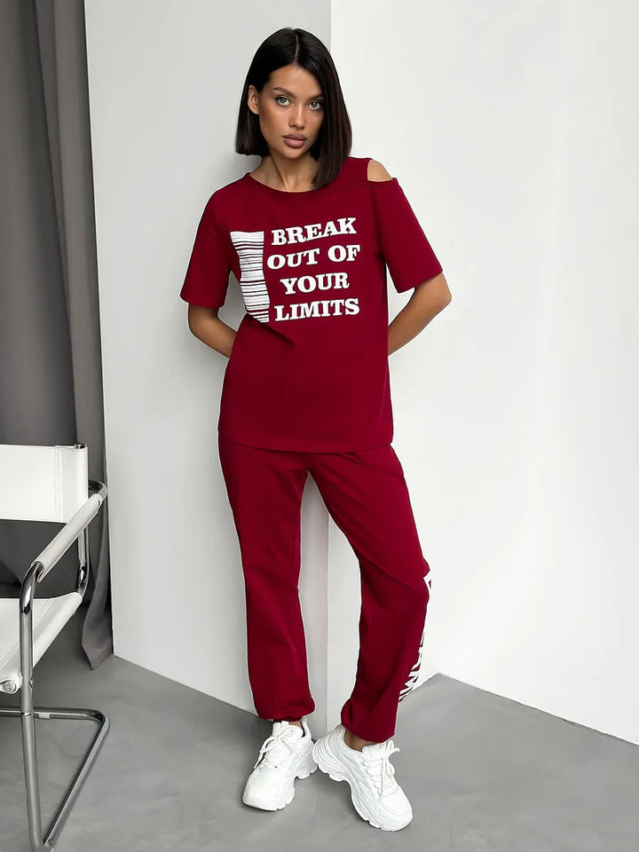 Women's casual lounge set with cut-out shoulder and statement print