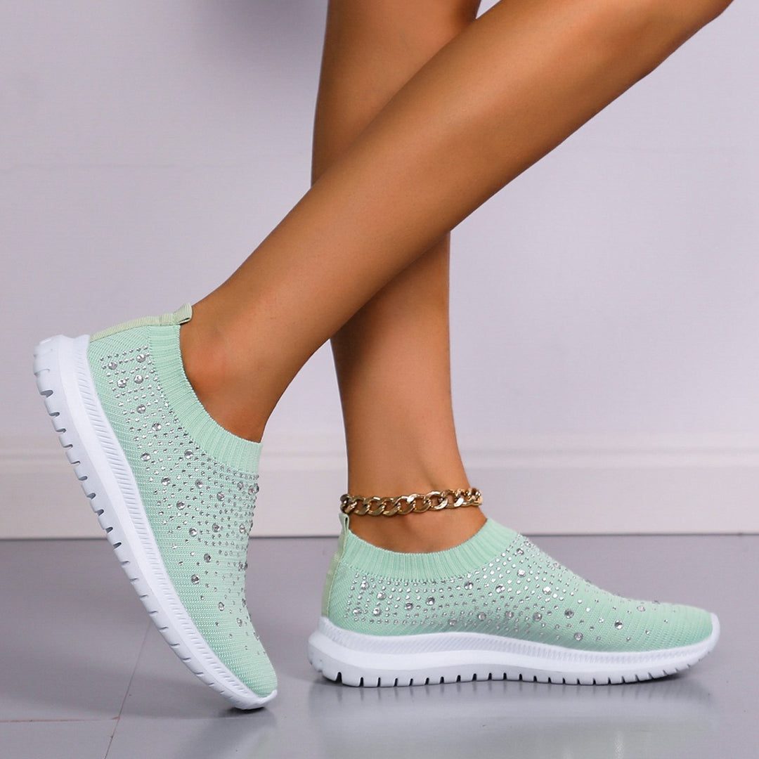 Women’s knitted slip-on sneakers with rhinestone accents, elastic shaft, and shock-absorbing EVA sole Mune Fashion