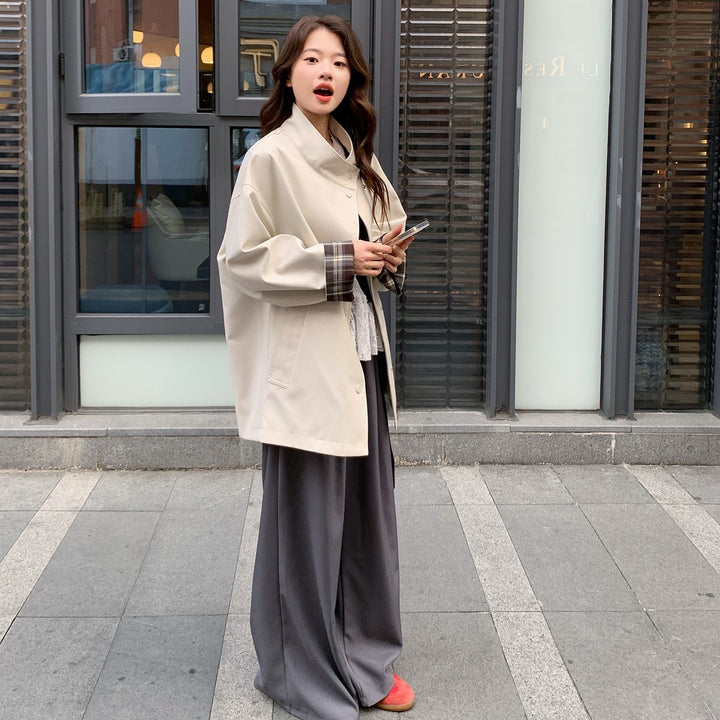 Women Oversized Short Coat with Stand-Up Collar and Checked Sleeve Lining Mune Fashion