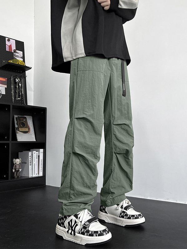 Men's Loose Fit Nylon Cargo Pants with Utility Webbing and Straight Leg Mune Fashion