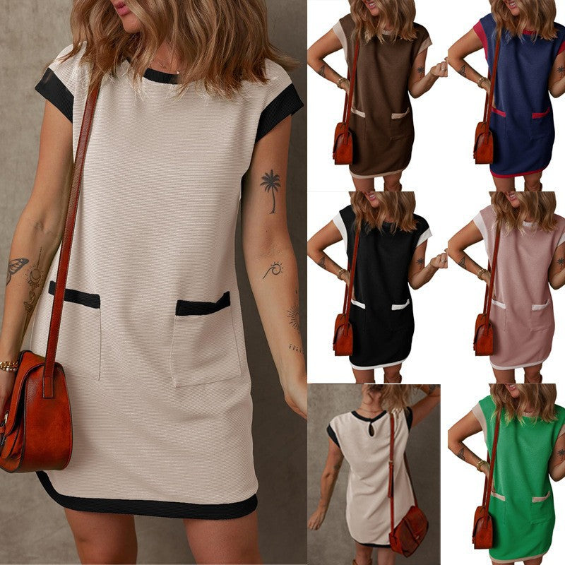Women's Sleeveless A-Line Shift Dress with Contrast Edges, Patch Pockets and Structured Ribbed Look Mune Fashion