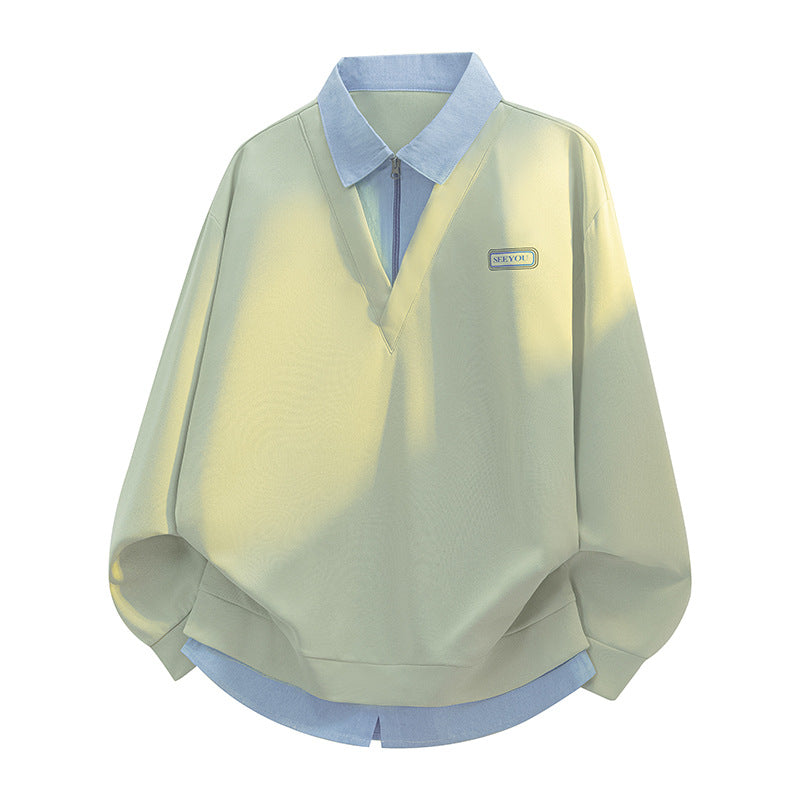 Unisex Layered Look Sweatshirt with Shirt Collar and V-Neck Mune Fashion