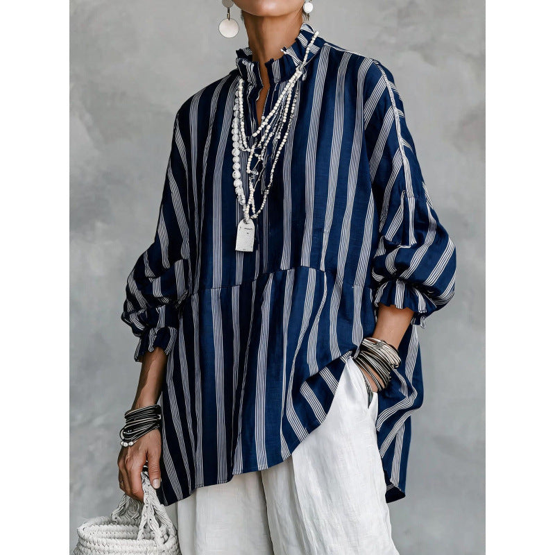 Women's Striped Oversize Tunic with Ruffle Collar and Balloon Sleeves Mune Fashion