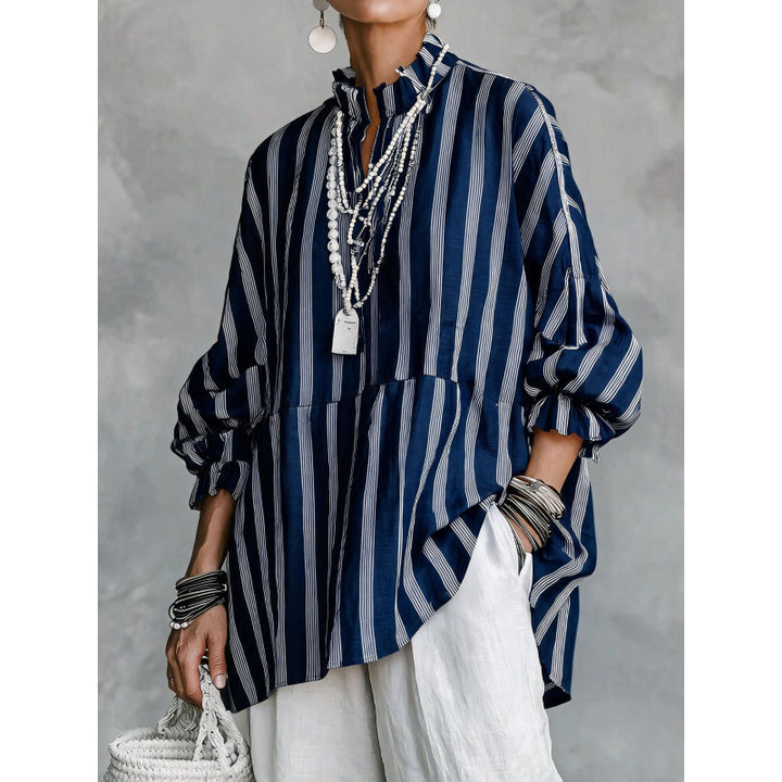 Women's Striped Oversize Tunic with Ruffle Collar and Balloon Sleeves Mune Fashion