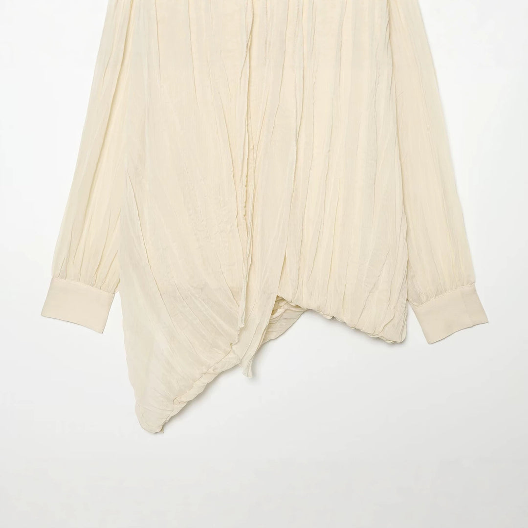 Women's Ruched Crinkle Blouse with Funnel Neck, Balloon Sleeves and Twisted Hem Mune Fashion