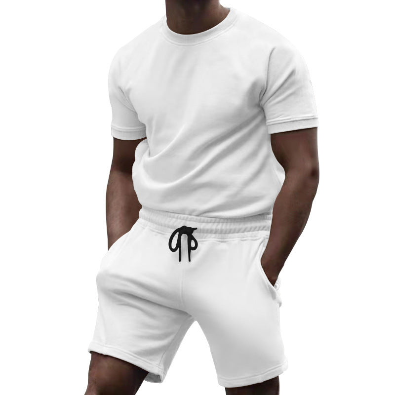 Men's short-sleeve sweat set made of soft sweatshirt fabric with a round neck shirt and drawstring shorts Mune Fashion