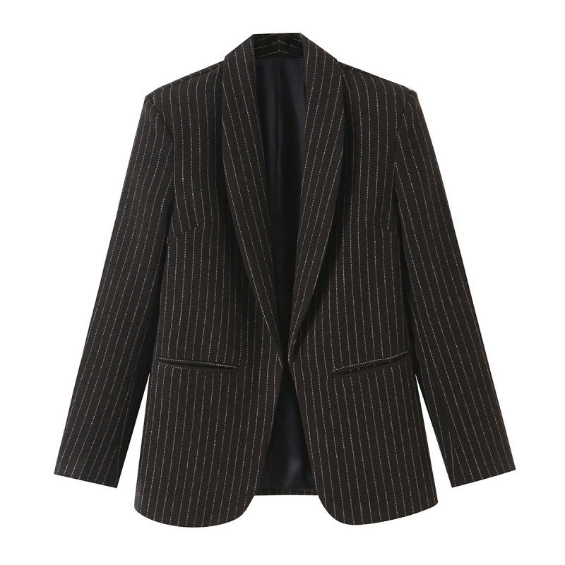 Women's pinstripe blazer with shawl collar and slightly tailored silhouette Mune Fashion