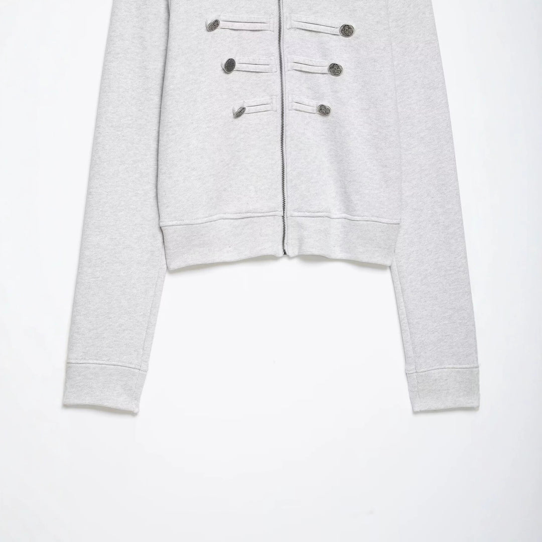 Women Short Sweat Jacket in Military Style with Stand Collar and Decorative Button Placket Mune Fashion