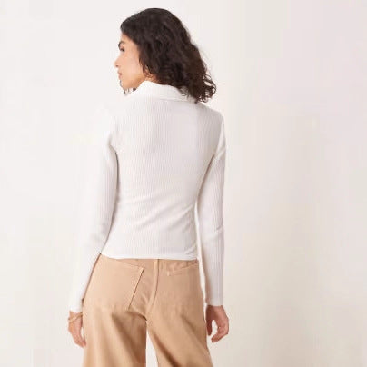 Women's Ribbed Long Sleeve Polo Top with Decorative Button Placket Drune