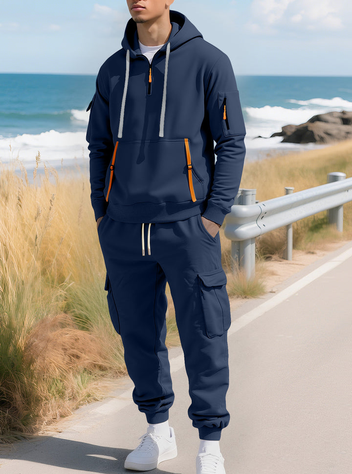Men's casual half-zip hoodie with kangaroo pocket and cargo jogging pants with zipper details Mune Fashion