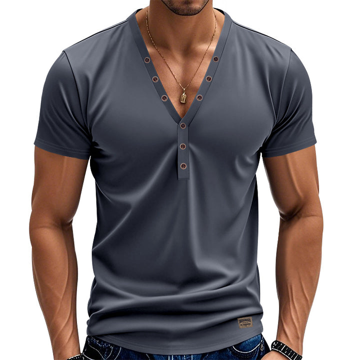 Men's tailored short-sleeve Henley shirt made of cotton-elastane with a deep V-neckline and decorative button placket Mune Fashion