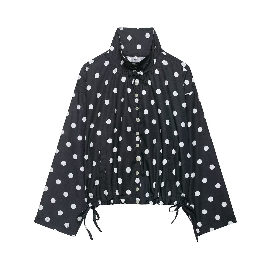 Women Lightweight Oversized Polka Dot Windbreaker with Stand-up Collar, Button Placket and Drawstring Mune Fashion