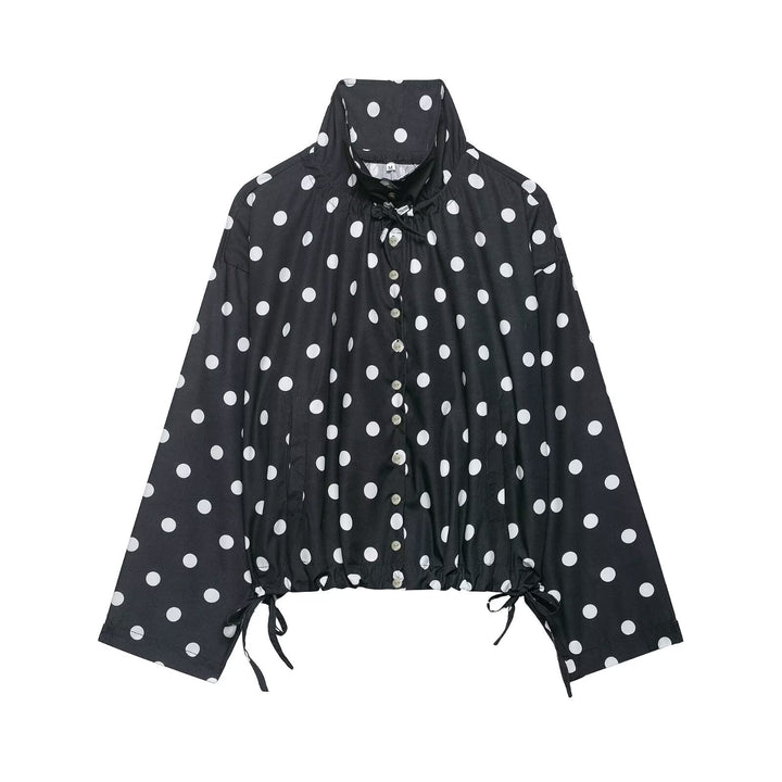 Women Lightweight Oversized Polka Dot Windbreaker with Stand-up Collar, Button Placket and Drawstring Mune Fashion