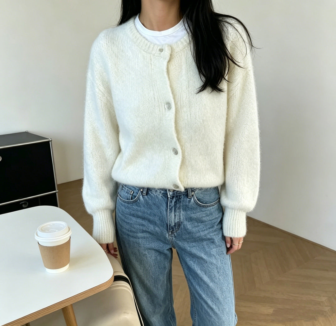 Women's Cozy Mohair-Look Cardigan with Round Neck and Balloon Sleeves Mune Fashion