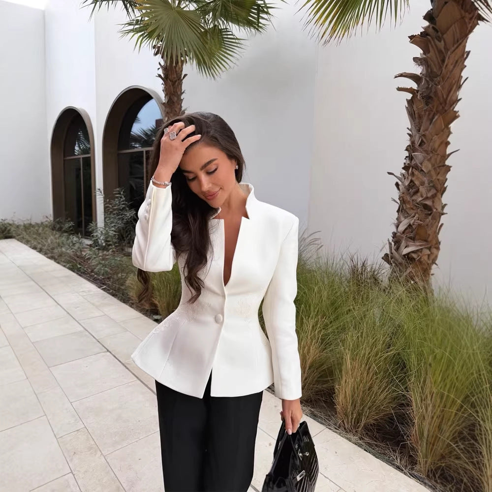Women Tailored Single-Breasted Blazer with Stand Collar and Deep V-Neck Mune Fashion