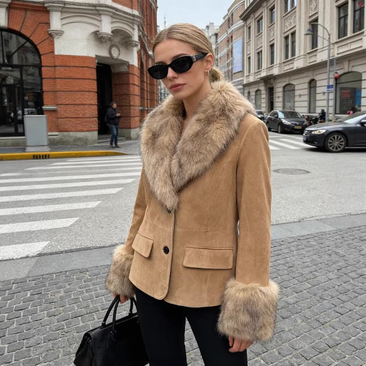 Women's short suede jacket with voluminous fur collar and wide fur cuffs Mune Fashion