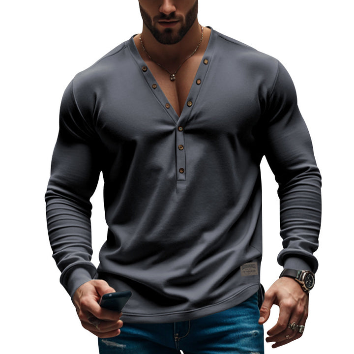 Men's tailored long-sleeve Henley shirt with deep V-neck and reinforced placket Mune Fashion