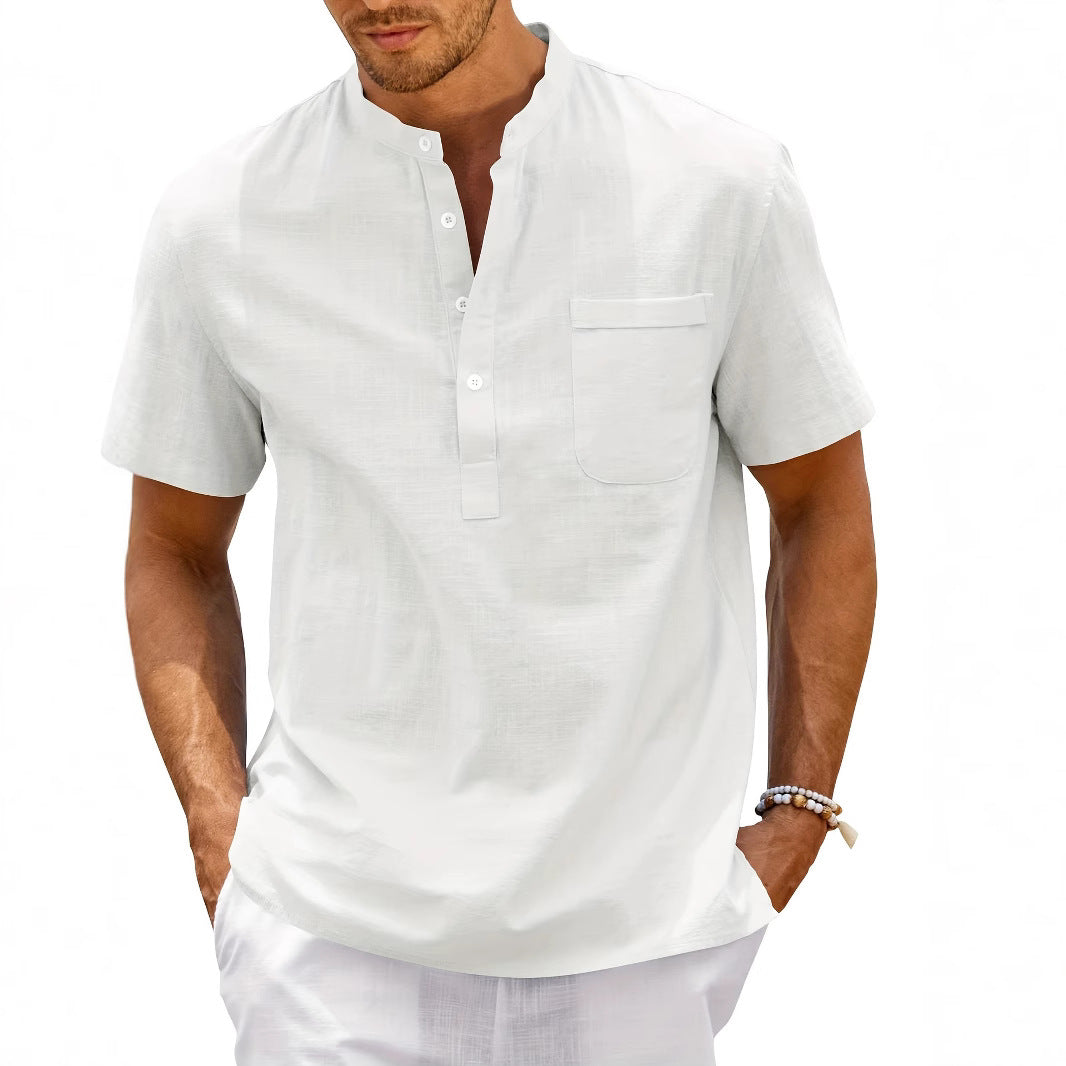 Men's Comfortable Short Sleeve Shirt with Stand Collar Mune Fashion