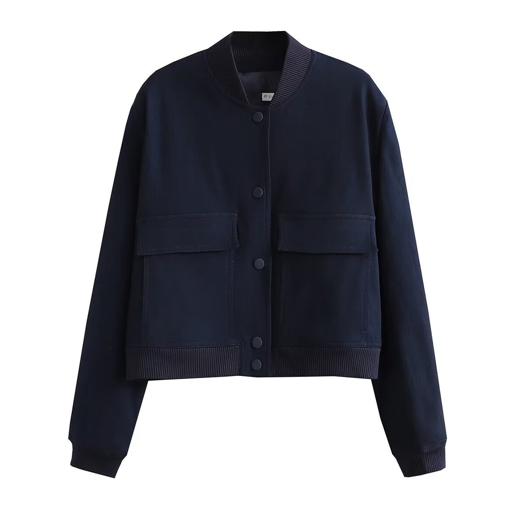 Women's short-cut bomber jacket with animal print, ribbed cuffs, patch pockets, and snap button closure Mune Fashion