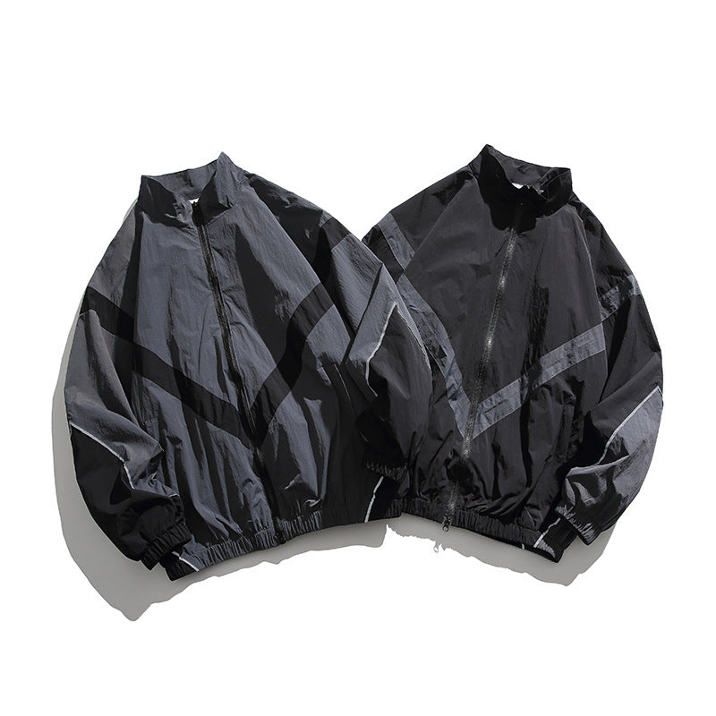 Men's Lightweight Oversize Windbreaker Jacket with Chevron Panels, Stand Collar and Elastic Hem Mune Fashion