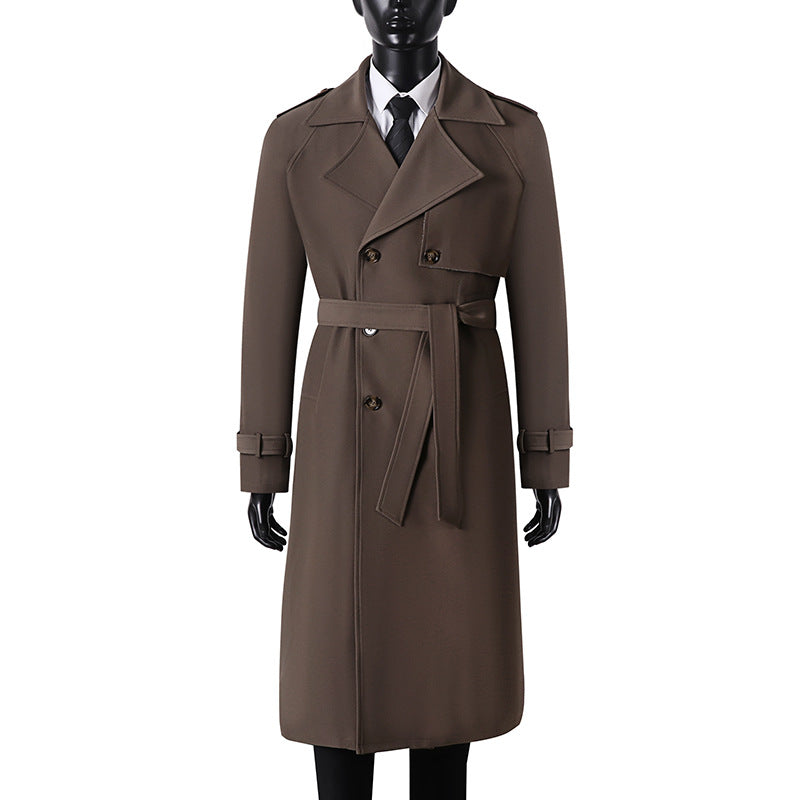 Men's Long Minimalist Trench Coat with Storm Flap, Waist Belt, and Adjustable Cuffs Mune Fashion
