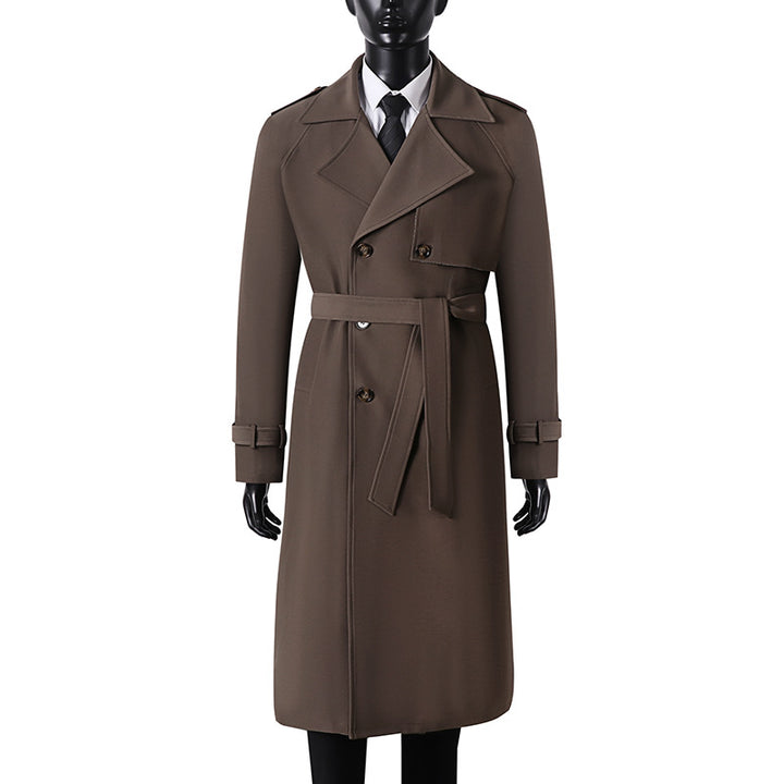Men's Long Minimalist Trench Coat with Storm Flap, Waist Belt, and Adjustable Cuffs Mune Fashion