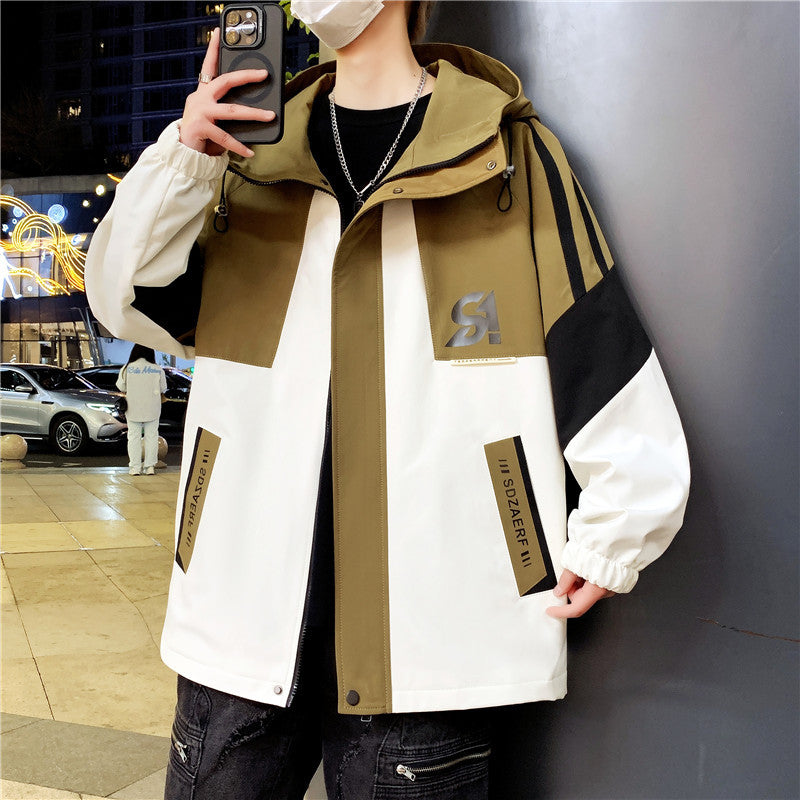 Men's Oversized Windbreaker with Hood, Sporty Front Print and Contrast Panels Mune Fashion