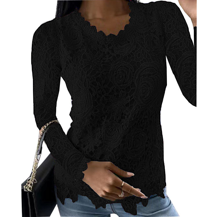 Women nan figure-hugging lace blouse with floral allover lace, long sleeves and scalloped hem Mune Fashion
