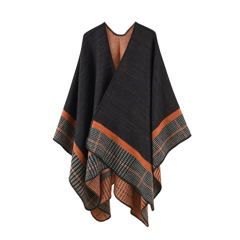Women's wool blend poncho in asymmetric pointed cut with woven check border Mune Fashion