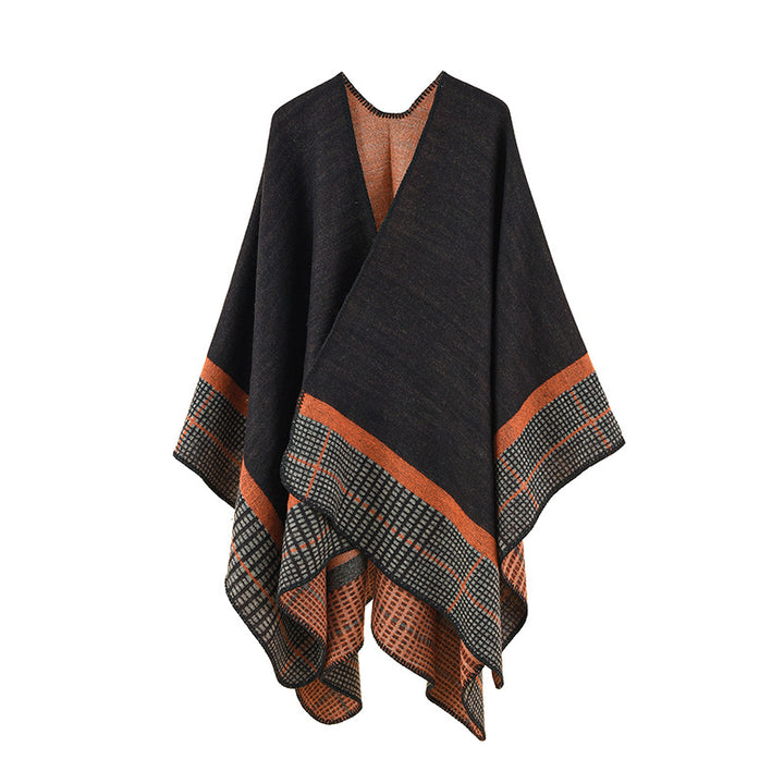 Women's wool blend poncho in asymmetric pointed cut with woven check border Mune Fashion