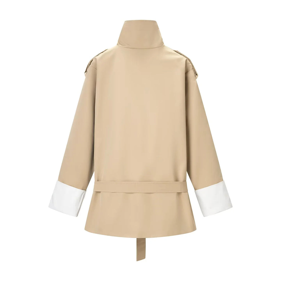 Women's tailored short trench coat with stand-up collar, epaulettes, and tie belt Mune Fashion