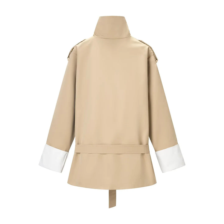 Women's tailored short trench coat with stand-up collar, epaulettes, and tie belt Mune Fashion