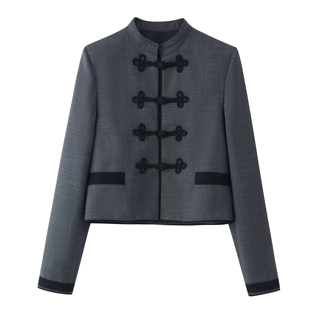 Women's short boxy blazer with stand collar and decorative knot closures Mune Fashion